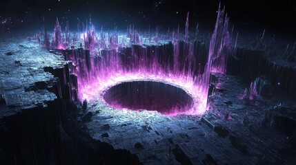 Poster - Abstract aerial view of a surreal landscape with a glowing purple crater and geometric structures in a dark space