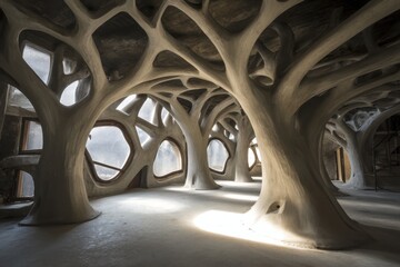 Poster - Organic architecture interior shot of building with tree like pillars and window openings from low angle