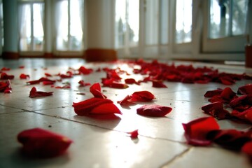 Poster - Fallen Rose Petals on Tiled Floor in Bright Room, Close-Up Low Angle View, Romantic Decoration, Celebration of Love, Valentine's Day