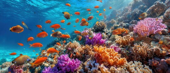 Poster - Underwater Paradise with Vibrant Coral Reef and Schooling Fish Eye Level View Tropical Ocean