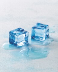 Poster - Two ice cubes melting on light blue surface studio shot low angle close up refreshment concept