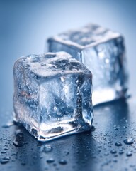 Poster - Two ice cubes melting on a reflective surface macro shot chilling refreshment cool drink ingredient