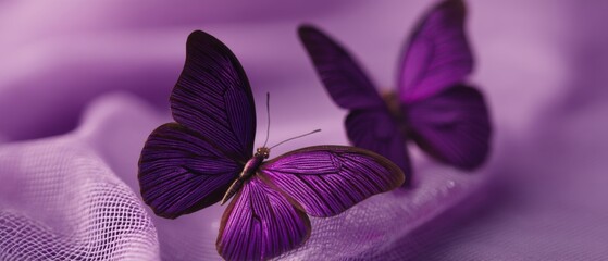 Poster - Two purple butterflies resting on soft mesh fabric in studio macro shot delicate wings and body details