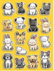 Poster - Cute Pet Stickers Featuring Various Adorable Animals on a Vibrant Yellow Background With Clear Right Margin for Easy Use