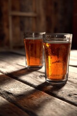 Poster - Two Glasses of Amber Beer on Rustic Wooden Tabletop in Warm Light Close Up Shot