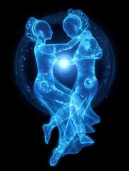 Poster - Wireframe couple embracing in digital space with glowing orb symbolizing connection and energy in a futuristic style