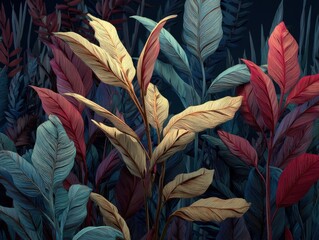 Fototapete - Lush Tropical Foliage Close Up in Artistic Style Vibrant Leaves in Red Blue and Yellow Tones