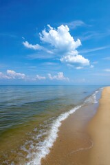 Poster - Serene beach scene with gentle waves lapping on the shore under a bright blue sky with fluffy white clouds vertical shot