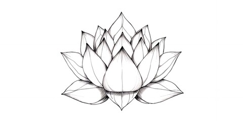 Poster - A detailed pen and ink drawing of a lotus flower with many layers of petals on a white background