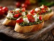 © Aether Pixels - Bruschetta with pesto mozzarella and tomatoes on wooden board close up food photography delicious appetizer