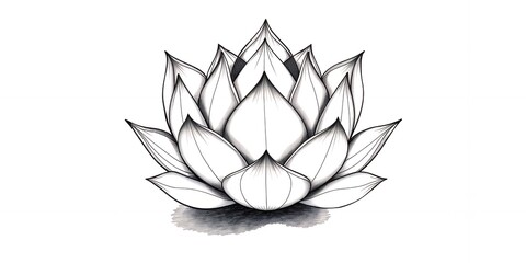 Poster - A detailed black and white drawing of a lotus flower with many petals and a shaded base area