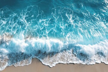 Poster - Aerial view of ocean wave crashing on sandy beach tropical paradise turquoise water sunlight