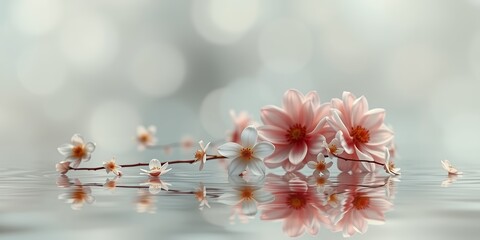 Poster - Close up view of pink and white flowers with reflections on a water like surface and bokeh background
