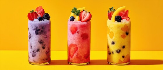 Poster - Three Colorful Fruit Smoothies on Bright Yellow Background Studio Shot Refreshing Drinks Healthy Lifestyle