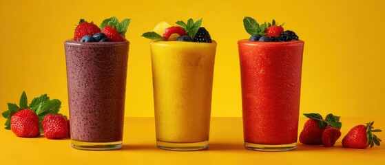 Poster - Three colorful smoothies in glasses with fresh fruit on bright yellow background studio shot close up healthy lifestyle