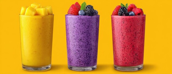 Poster - Three colorful fruit smoothies in glasses against yellow background studio shot close up healthy lifestyle concept