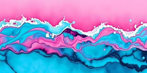 Poster - An abstract painting featuring pink and blue waves with white foam and a pink background hue