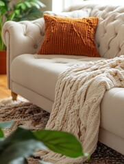 Poster - Cozy Interior Design of Living Room with Beige Sofa Orange Pillow and Cream Knit Blanket Close Up