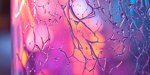Poster - Close up of cracked glass with pink orange and blue light creating an abstract background effect