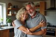 © Yuliia - A heartwarming moment captured: A middle-aged couple sharing a tender embrace in their warm kitchen, highlighting their lasting bond and togetherness.