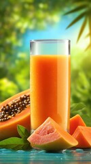 Poster - Papaya Smoothie in Glass with Fresh Fruit Slices on Tabletop in Tropical Setting Still Life