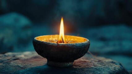 Poster - A lit candle sitting on top of a rock with a warm glow