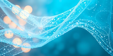 Poster - A close up of a light blue fabric with water droplets and bokeh lights in the background focus shot