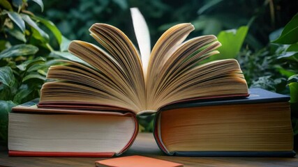 Poster - An open book lying flat on a rustic wooden table, perfect for study or reading