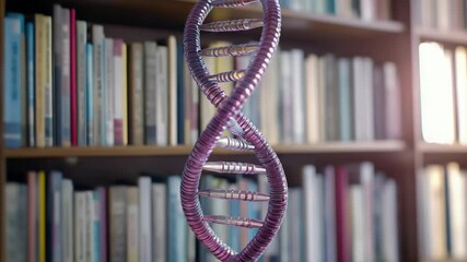 Poster - Microscopic view of double-stranded DNA in front of a bookshelf, suitable for scientific or educational illustrations