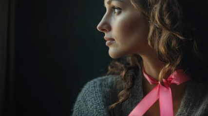 Poster - A woman is seen looking out a window while wearing a pink tie, likely in an office or workplace setting