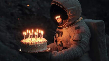 Poster - An astronaut holds a birthday cake with lit candles in a space setting