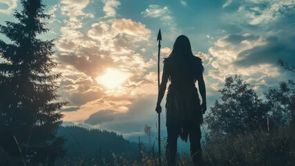 Poster - A person stands in a green field holding a spear, ready for action