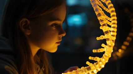 Poster - A young girl examines a strand of colorful fairy lights, possibly for decoration or as a gift