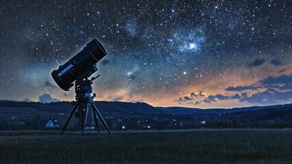 Wall Mural - telescope on tripod in field at night