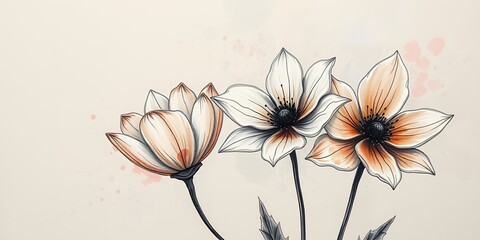 Poster - A drawing of three stylized flowers with white and peach petals and black centers on a light background