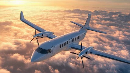 Aufkleber - An airplane flies above fluffy white clouds during a beautiful sunset