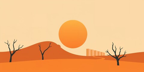 Poster - A minimalistic landscape featuring a large sun, barren trees, and desert hills in warm tones of orange