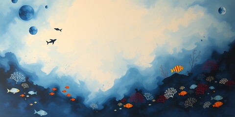 Poster - An underwater scene with fish, coral, sharks, and floating planets in a dreamy atmosphere
