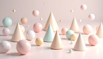 Wall Mural - pastel pink and blue cones and spheres 3d render