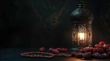 Aufkleber - A lantern illuminates a table with fresh dates, suitable for romantic dinner or special occasion
