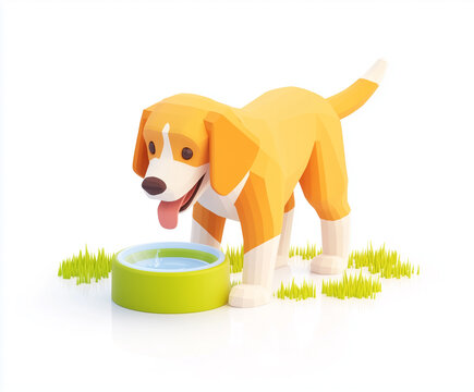 A delightful dog, designed with a distinct 3D artistic style, contentedly drinks from a bowl of water. capturing the endearing charm of a faithful companion.
