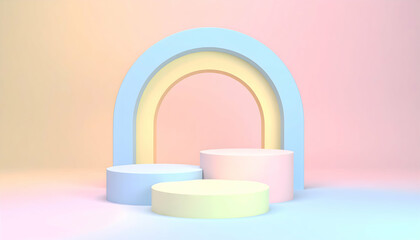 Wall Mural - pastel rainbow arch and cylinders product display stand