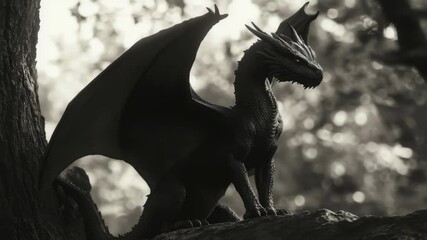 Aufkleber - A black and white photograph of a dragon statue