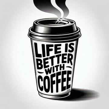 Stylish Coffee Cup Illustration with Inspirational Quote: Life is Better with Coffee in Black and White.