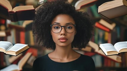 Poster - A woman wearing glasses stands in front of a bookshelf, surrounded by books and possibly seeking knowledge