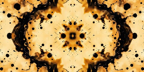 Poster - A symmetrical abstract design with black ink splatters on a golden background with a central motif