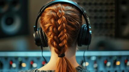 Poster - A woman wearing headphones stands in front of a professional mixing desk, ready to produce music