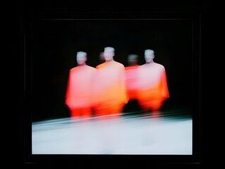Poster - Four blurred men dressed in orange robes moving quickly. Abstract motion blur effect showing speed movement. Modern art direction for digital design.