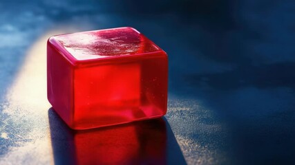 Poster - A single red ice cube sits on a table, with a simple and clean background