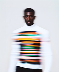 Poster - Young African American man figure with digital glitch effect. Portrait of fashionable guy with bright colorful light stripes. Futuristic beauty concept with motion blur